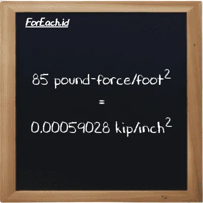 85 pound-force/foot<sup>2</sup> is equivalent to 0.00059028 kip/inch<sup>2</sup> (85 lbf/ft<sup>2</sup> is equivalent to 0.00059028 ksi)
